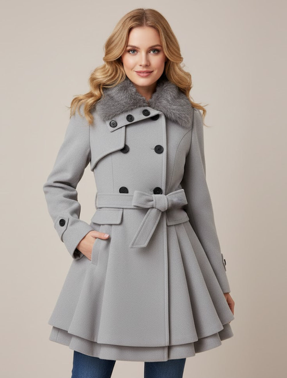 Sabelana | Women's Coat Double-Breasted Belted Collar Faux Fur Everyday Wear