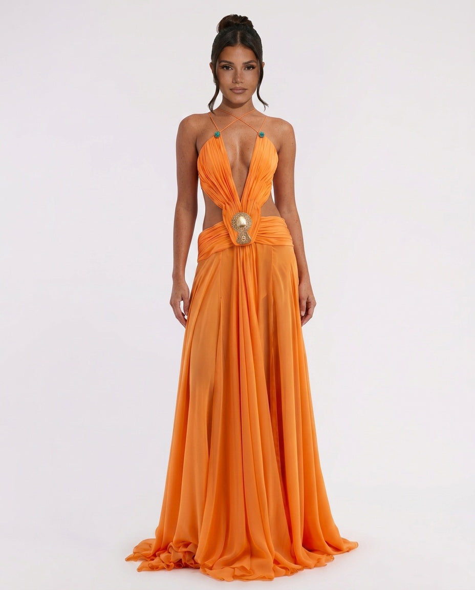 Sabeloura — Chiffon Cut-Out Gathered Maxi