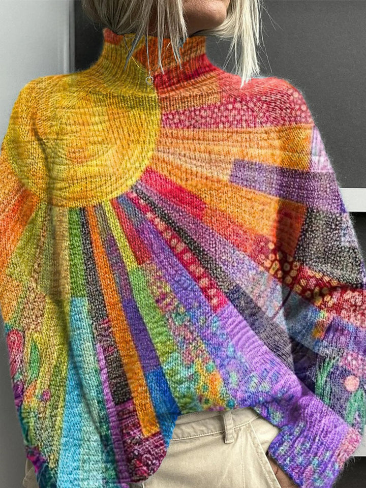 Sabelvia | Women's Turtleneck Sweater Collage Print Layering - Multicolor