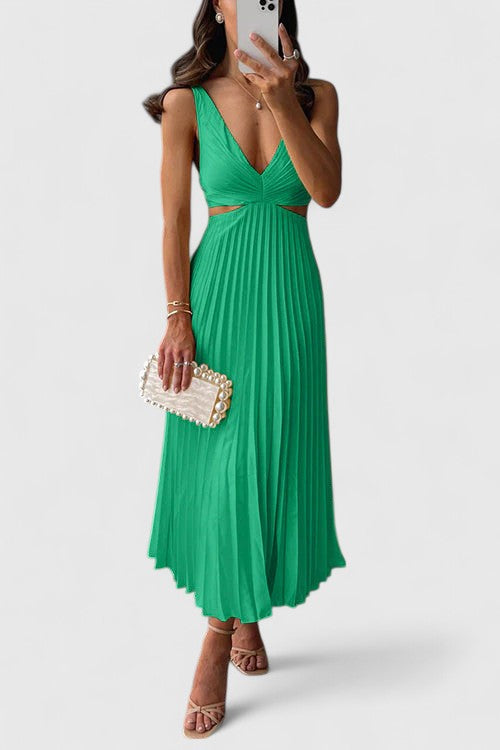 Selene | Women's Wedding Guest Elegant Sleeveless Pleated Dresses — Green