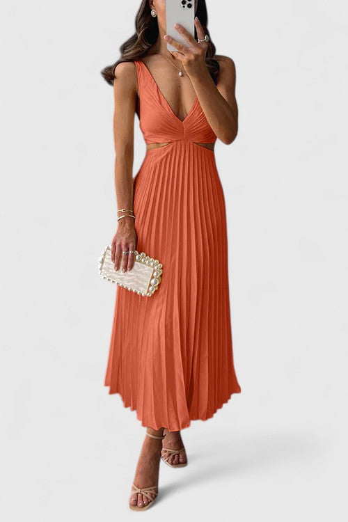 Selene | Women's Wedding Guest Elegant Sleeveless Pleated Dresses — Orange