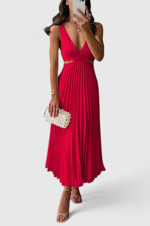 Selene | Women's Wedding Guest Elegant Sleeveless Pleated Dresses — Red