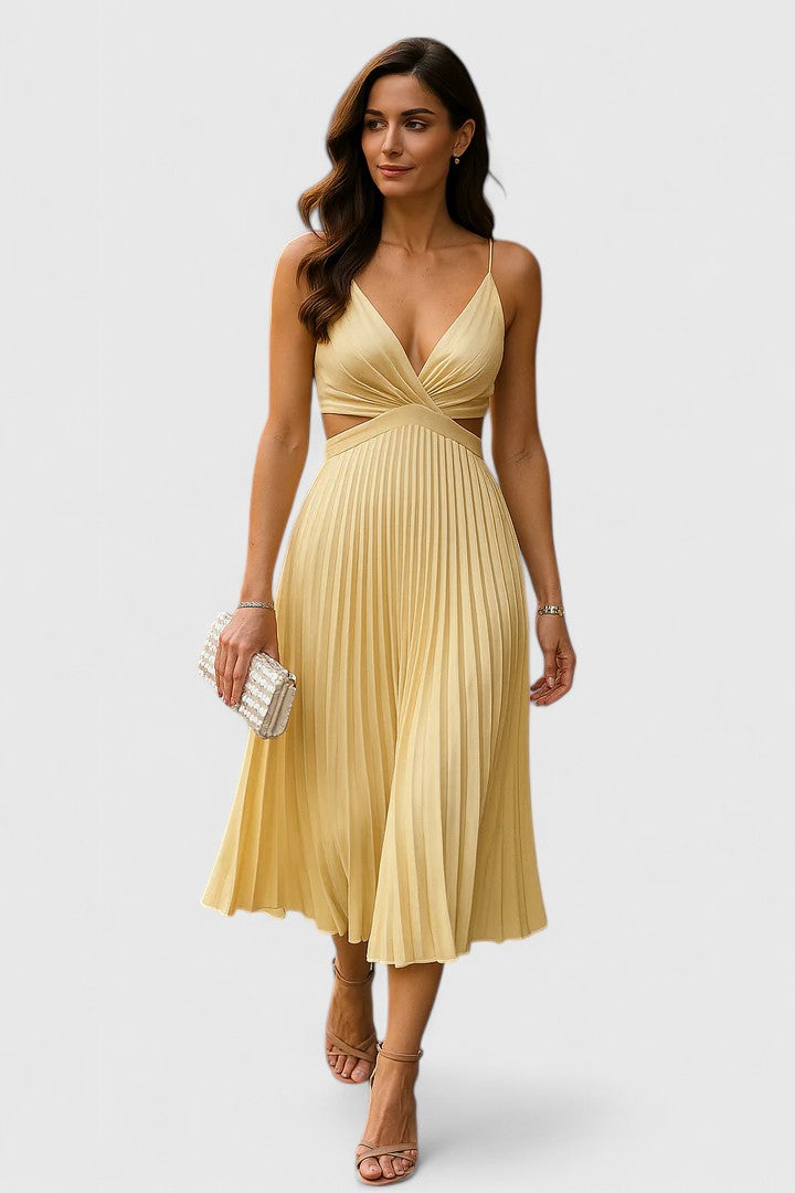 Selene | Women's Wedding Guest Elegant Sleeveless Pleated Dresses — Yellow