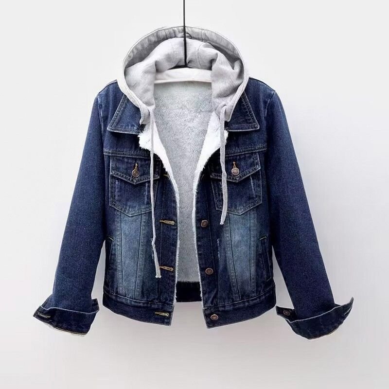 Senaella | Women's Comfortable Relaxed Denim Hooded Jacket — Dark Blue (Shearling)