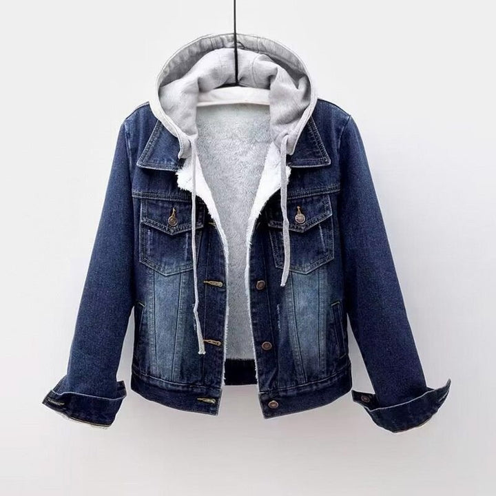 Senaella | Women's Comfortable Relaxed Denim Hooded Jacket — Dark Blue (Shearling)