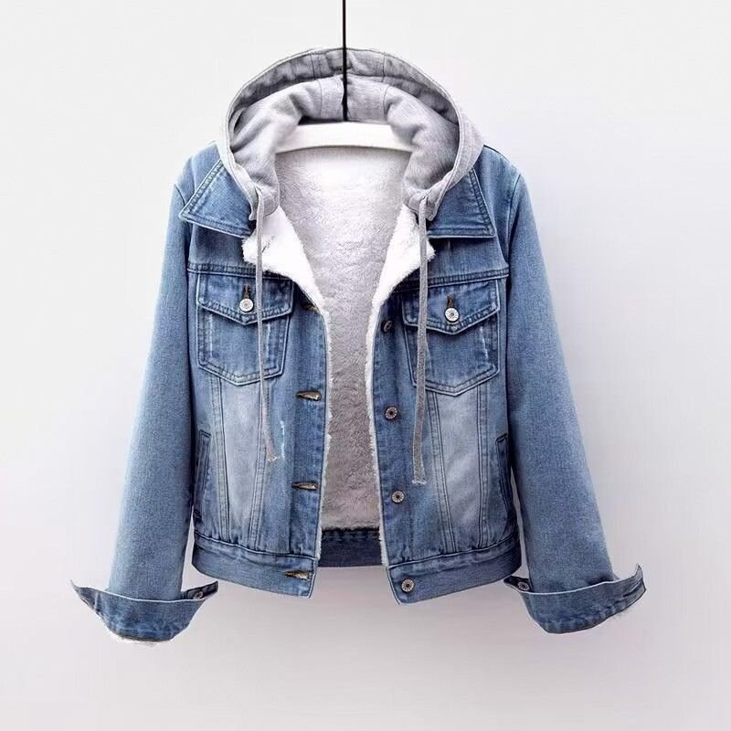 Senaella | Women's Comfortable Relaxed Denim Hooded Jacket — Light Blue (Shearling)