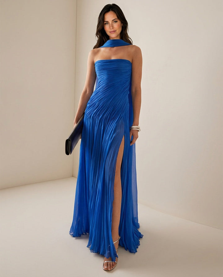 Senaelle — Off-Shoulder Pleated Chiffon Maxi