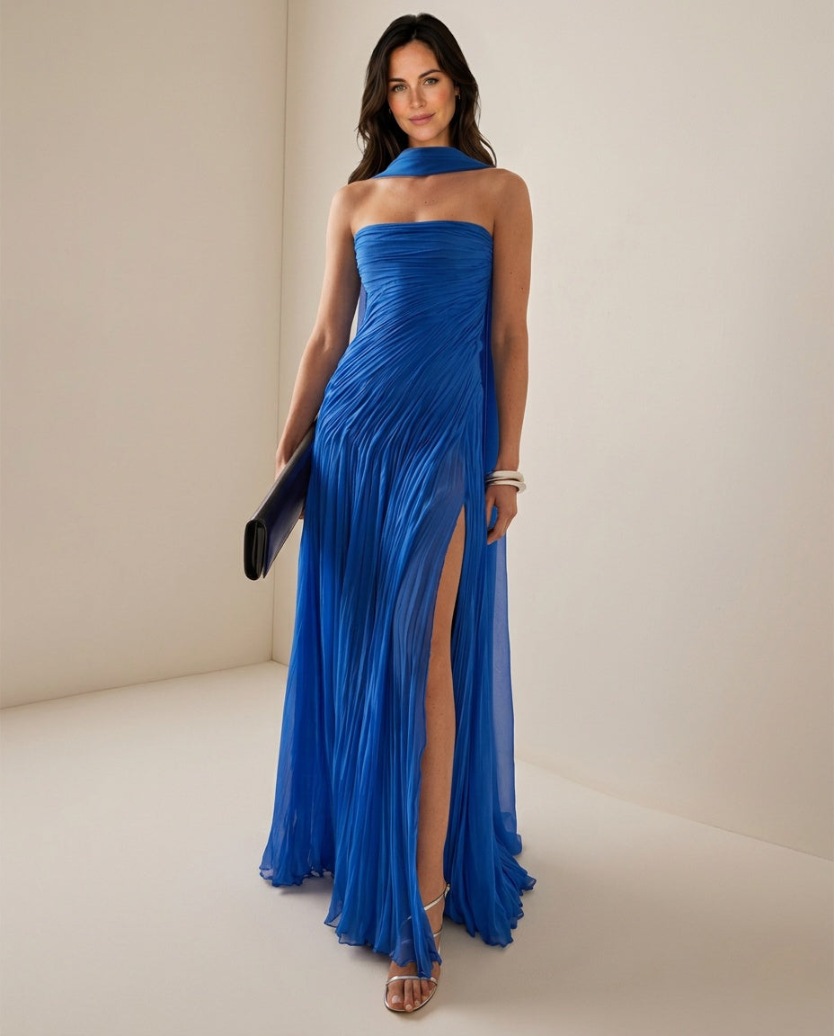 Senaelle — Off-Shoulder Pleated Chiffon Maxi