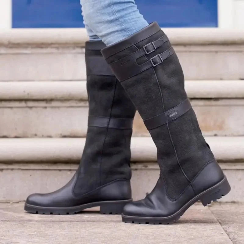 Senaita | Women's Waterproof Boots Knee High Pull-On Leather — Black