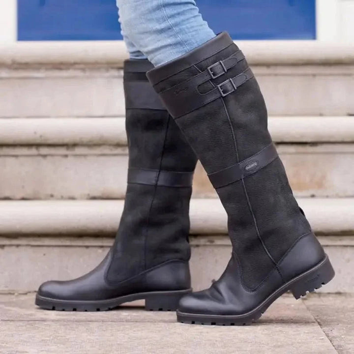 Senaita | Women's Waterproof Boots Knee High Pull-On Leather — Black