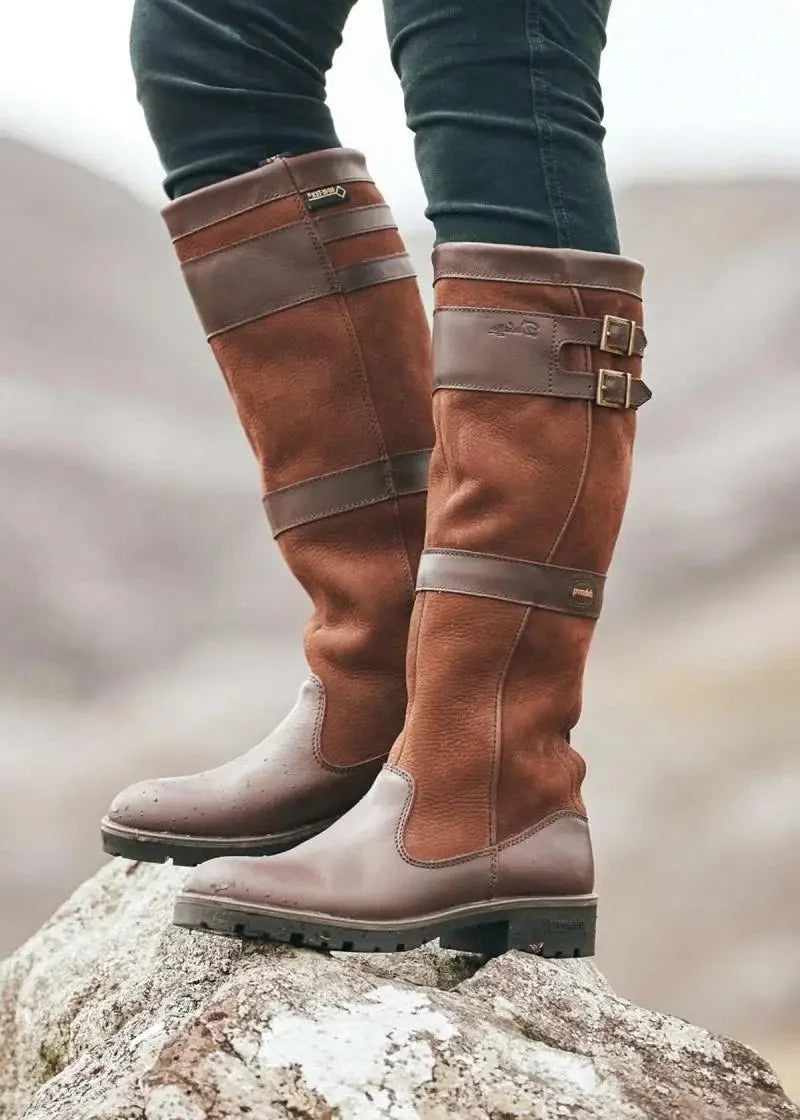 Senaita | Women's Waterproof Boots Knee High Pull-On Leather — Brown