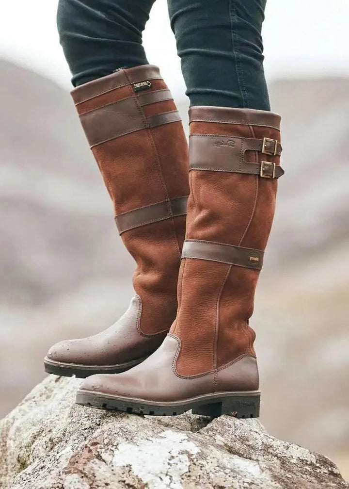 Senaita | Women's Waterproof Boots Knee High Pull-On Leather — Brown