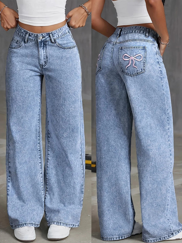 Serendessa | Women's High-Waist Wide-Leg Relaxed High Waist Wide Leg Jeans with Embroidered Pocket — 1