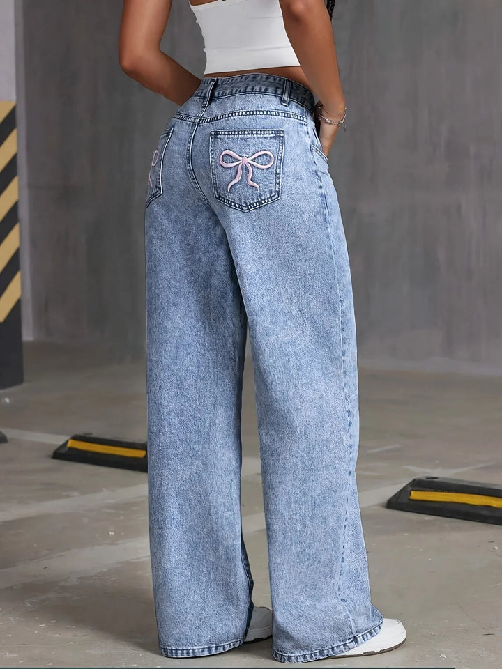 Serendessa | Women's High-Waist Wide-Leg Relaxed High Waist Wide Leg Jeans with Embroidered Pocket — 2