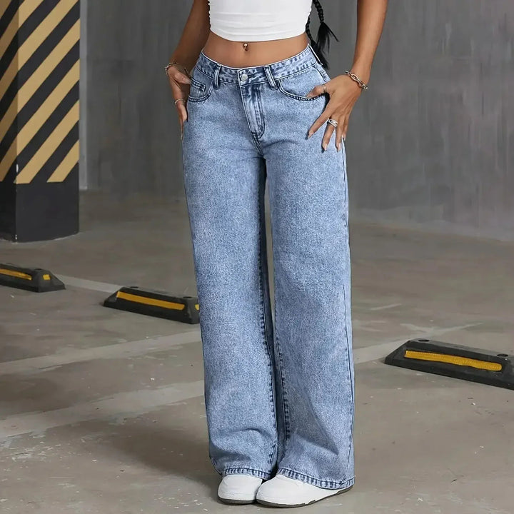 Serendessa | Women's High-Waist Wide-Leg Relaxed High Waist Wide Leg Jeans with Embroidered Pocket — S