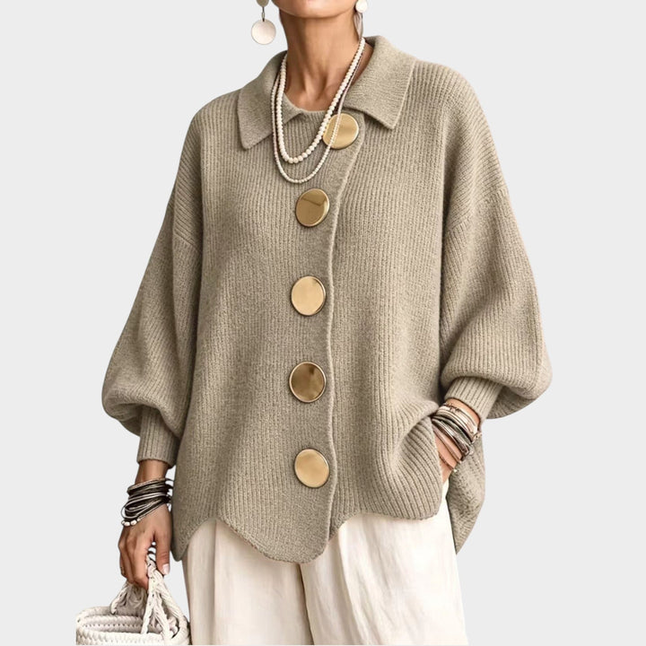 Serenlyn | Women's Cozy Knit Cardigan Gold Button Oversized — Beige