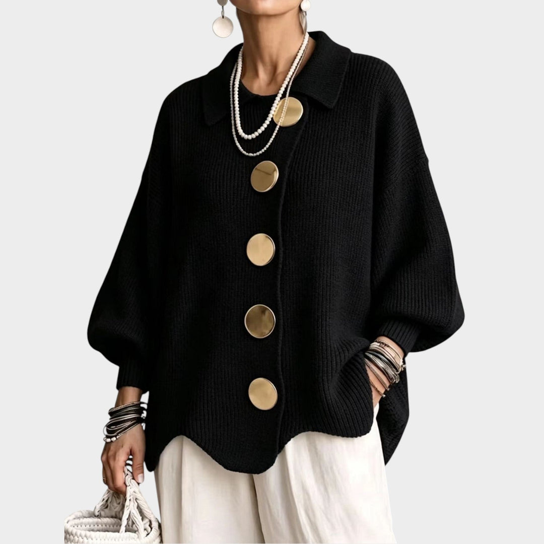 Serenlyn | Women's Cozy Knit Cardigan Gold Button Oversized — Black