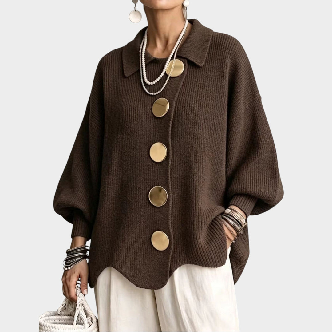 Serenlyn | Women's Cozy Knit Cardigan Gold Button Oversized — Brown
