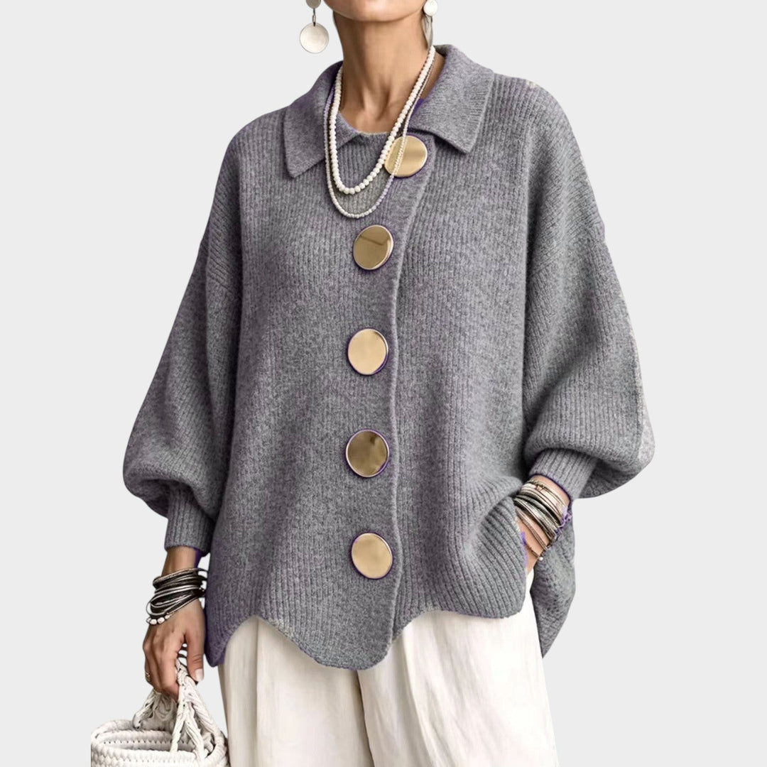 Serenlyn | Women's Cozy Knit Cardigan Gold Button Oversized — Gray