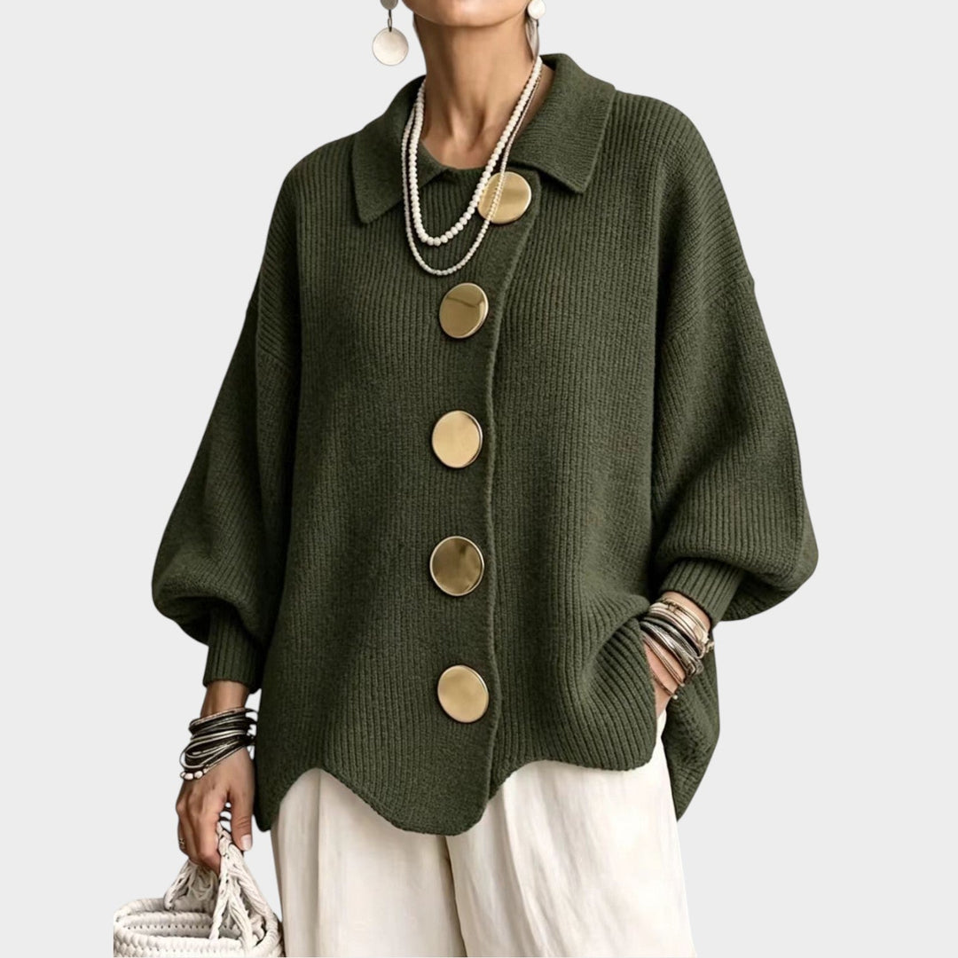 Serenlyn | Women's Cozy Knit Cardigan Gold Button Oversized — Green