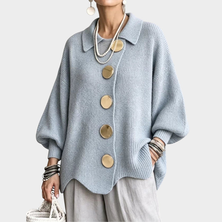 Serenlyn | Women's Cozy Knit Cardigan Gold Button Oversized — Light Blue