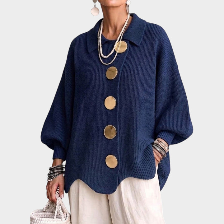 Serenlyn | Women's Cozy Knit Cardigan Gold Button Oversized — Navy Blue