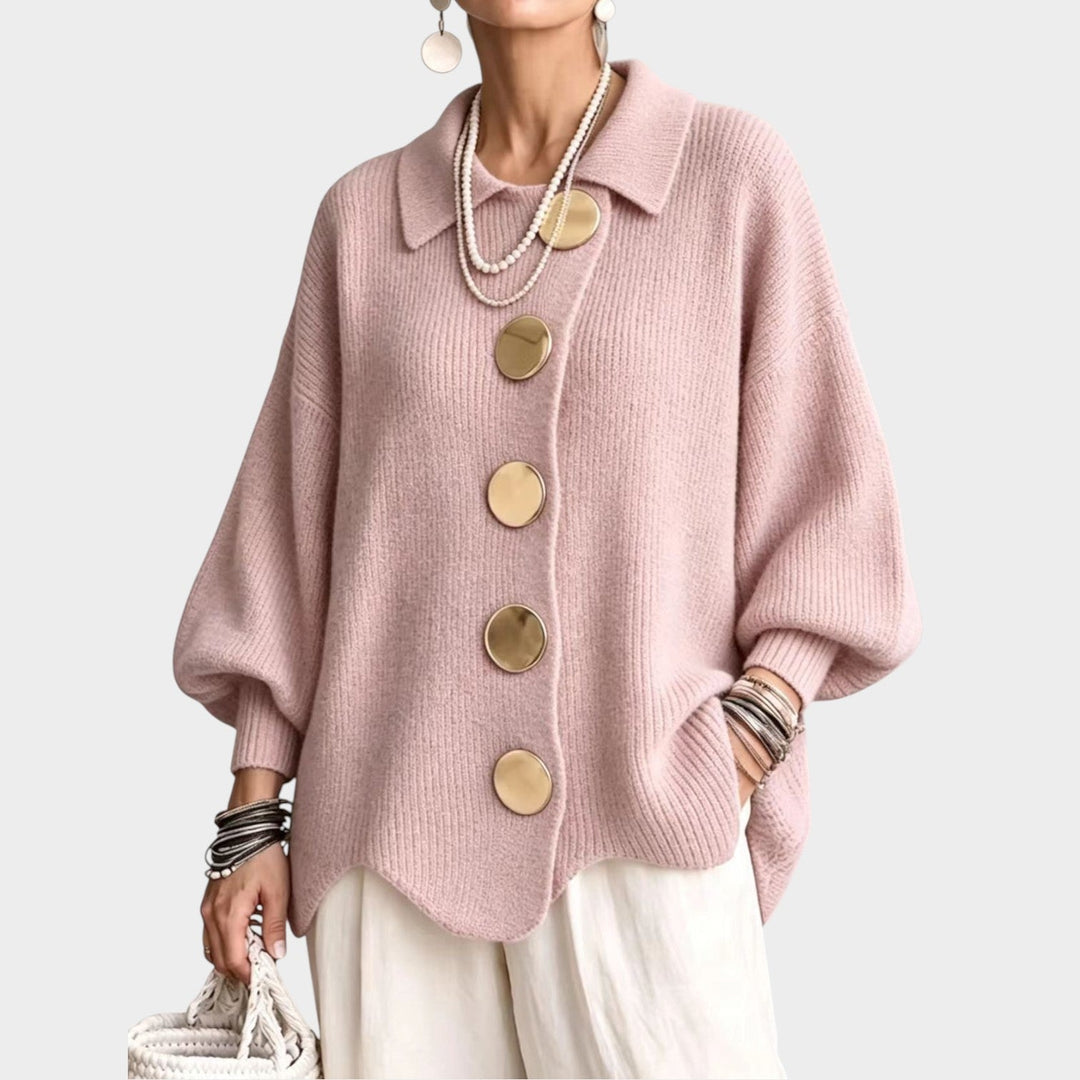Serenlyn | Women's Cozy Knit Cardigan Gold Button Oversized — Pink