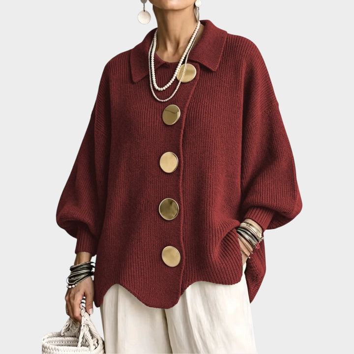 Serenlyn | Women's Cozy Knit Cardigan Gold Button Oversized — Red