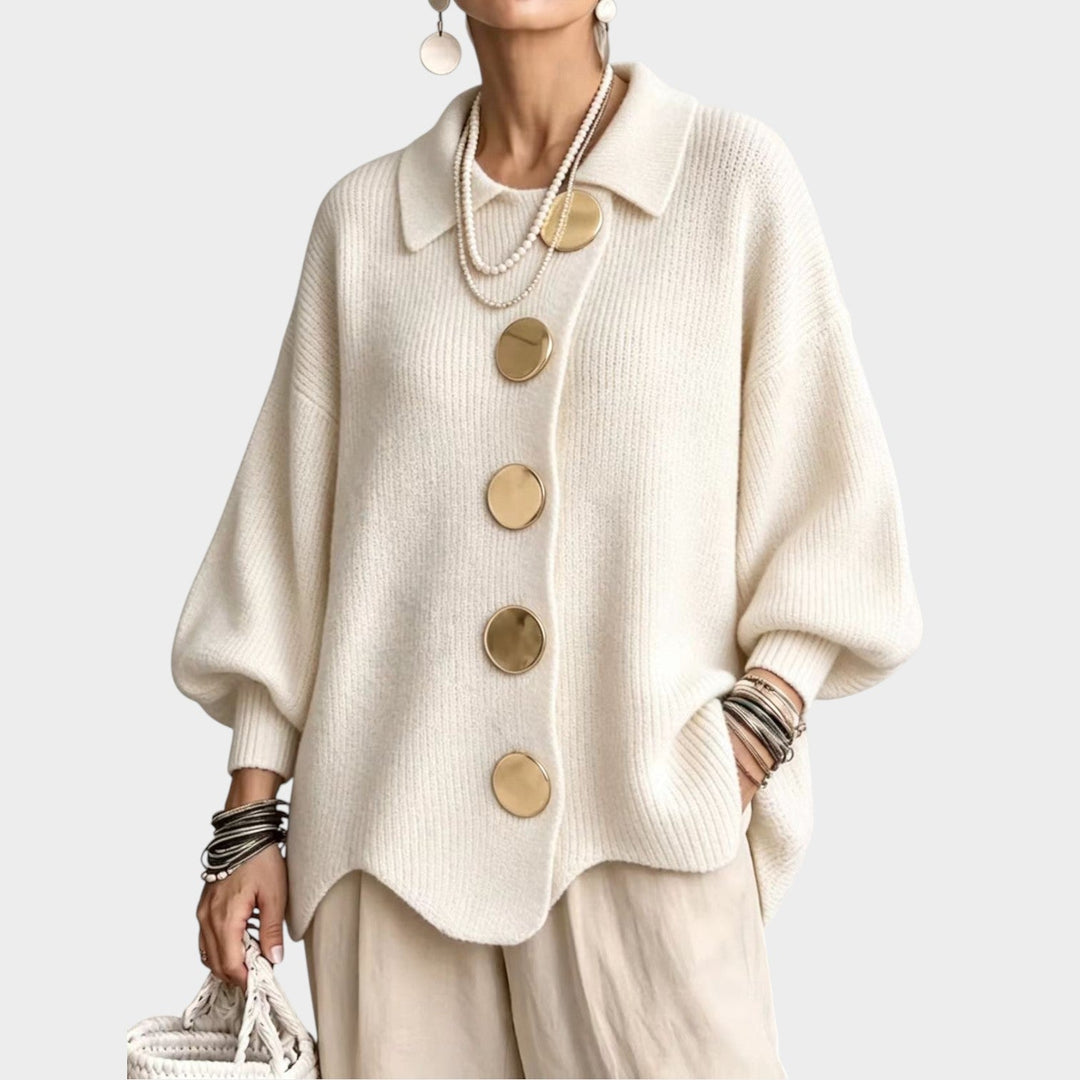 Serenlyn | Women's Cozy Knit Cardigan Gold Button Oversized — White