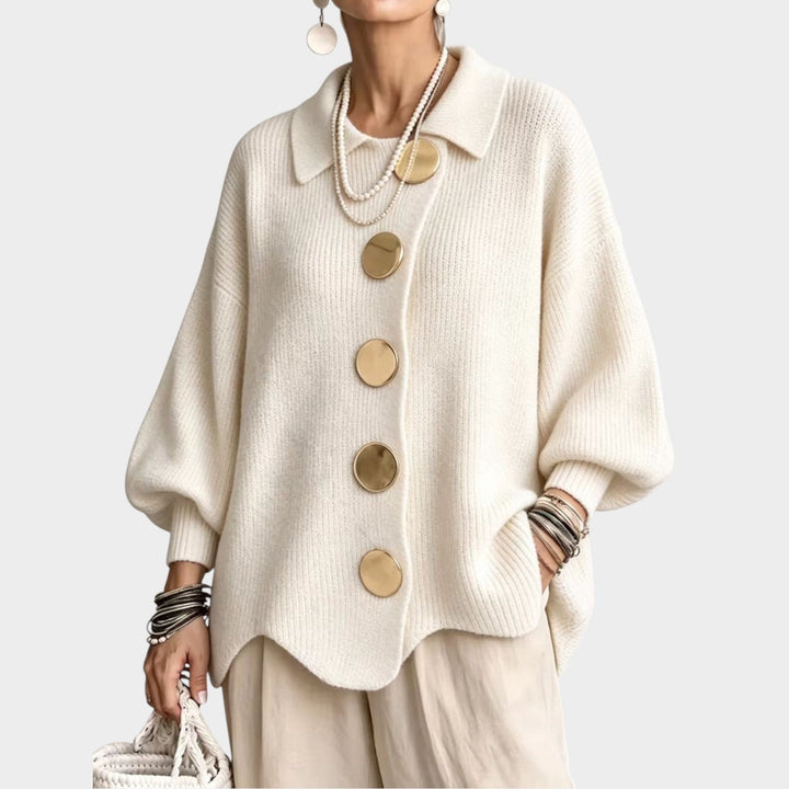 Serenlyn | Women's Cozy Knit Cardigan Gold Button Oversized — White