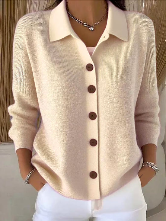 Serenoura | Women's Cozy Ribbed Knit Cardigan with Collared Button Front — Beige