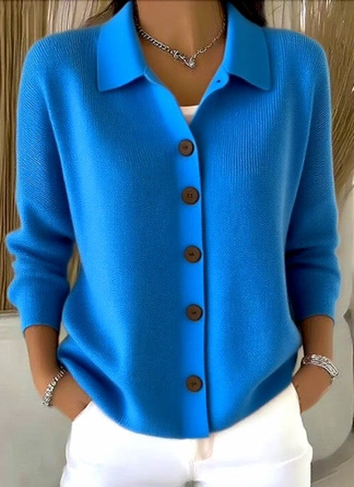 Serenoura | Women's Cozy Ribbed Knit Cardigan with Collared Button Front — Blue