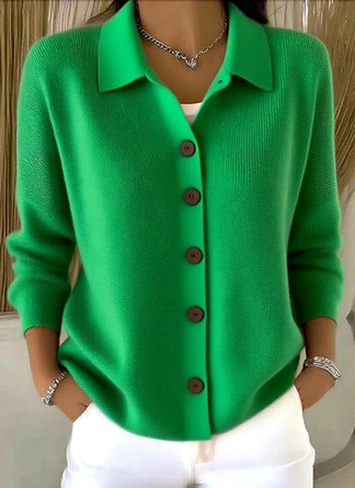Serenoura | Women's Cozy Ribbed Knit Cardigan with Collared Button Front — Green