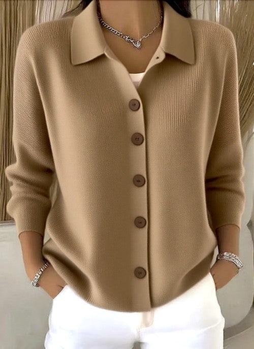 Serenoura | Women's Cozy Ribbed Knit Cardigan with Collared Button Front — Khaki