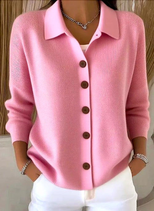 Serenoura | Women's Cozy Ribbed Knit Cardigan with Collared Button Front — Pink