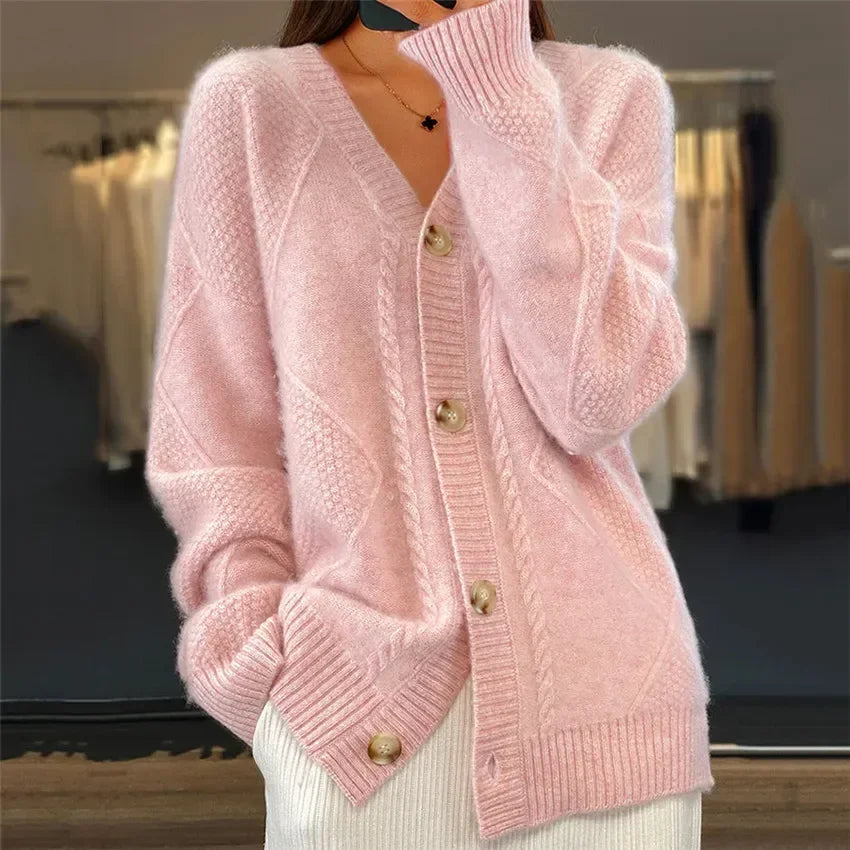 Serisse | Women's Knit Cozy Oversized V-Neck Button Front Cardigan — Pink