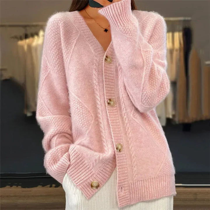 Serisse | Women's Knit Cozy Oversized V-Neck Button Front Cardigan — Pink