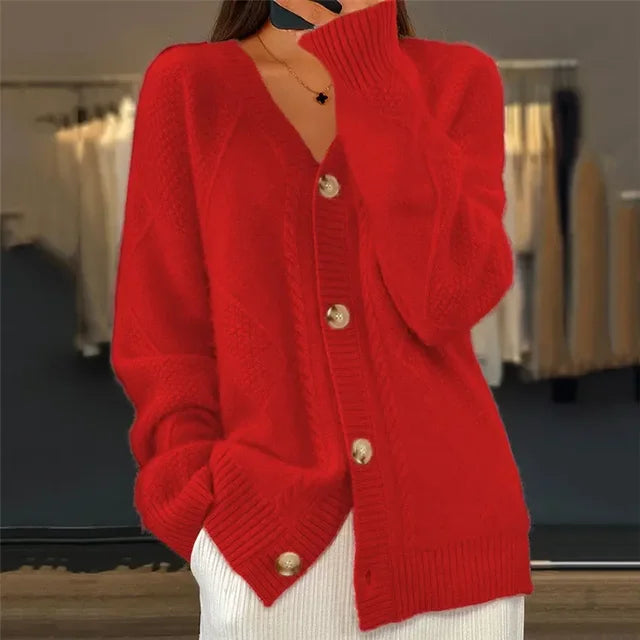 Serisse | Women's Knit Cozy Oversized V-Neck Button Front Cardigan — Red
