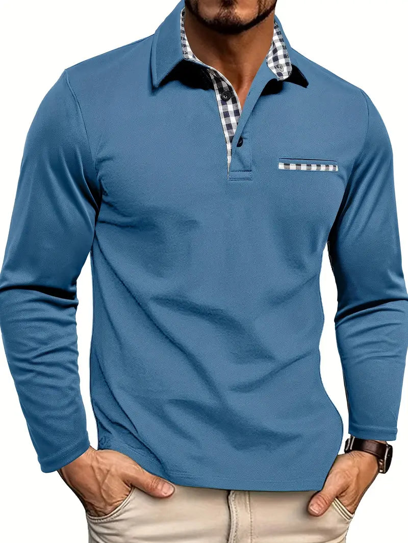  Male model wearing a streamlined long sleeve polo shirt with fitted cuffs on a plain background.