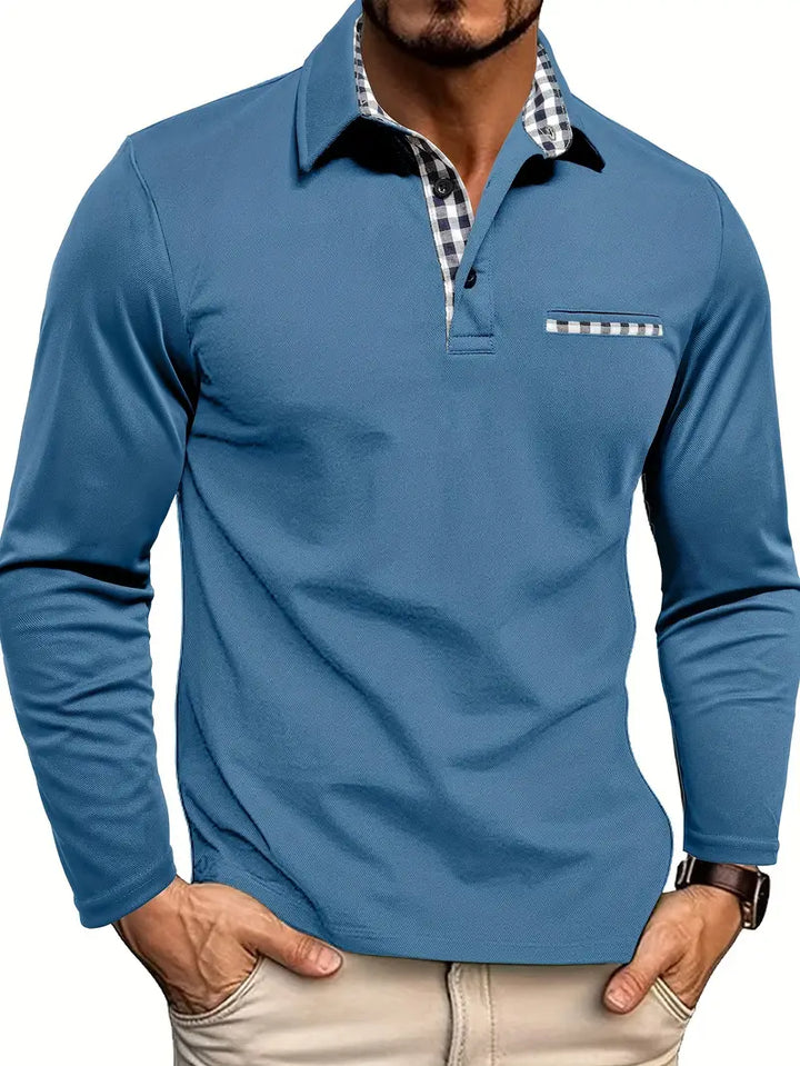  Male model wearing a streamlined long sleeve polo shirt with fitted cuffs on a plain background.