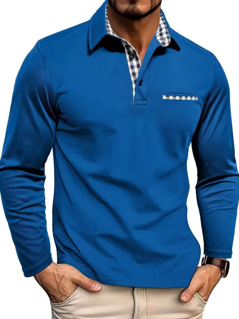  Male model wearing a clean long sleeve polo shirt with contrast trim on a plain background.