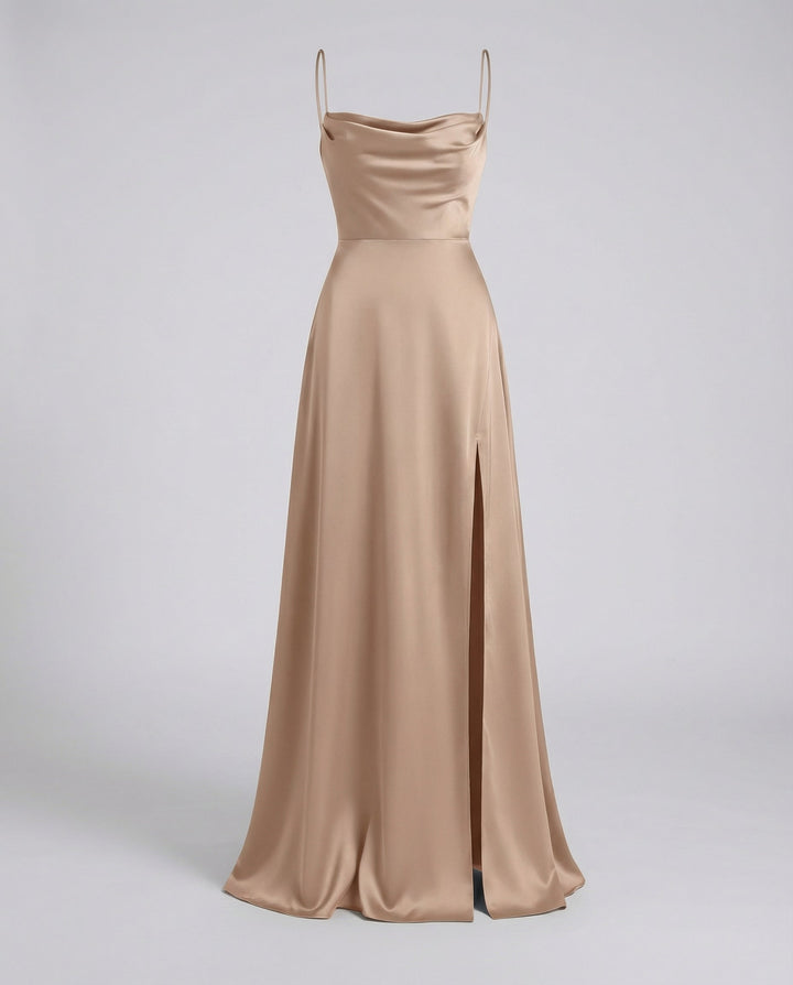 Solara | Women's Elegant Cowl Neck Evening Maxi Dress — Brown