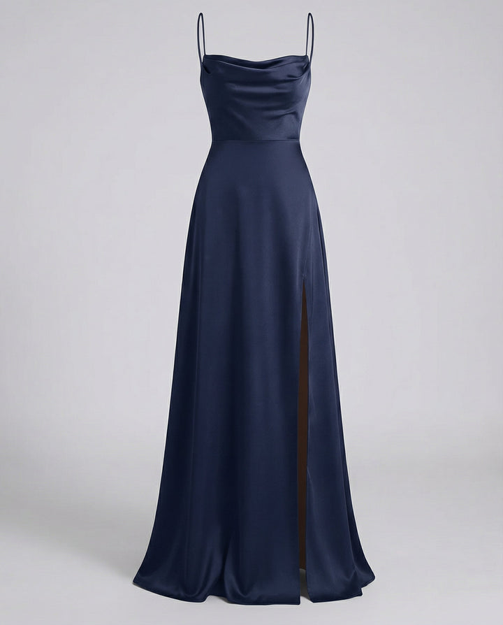 Solara | Women's Elegant Cowl Neck Evening Maxi Dress — Dark Blue