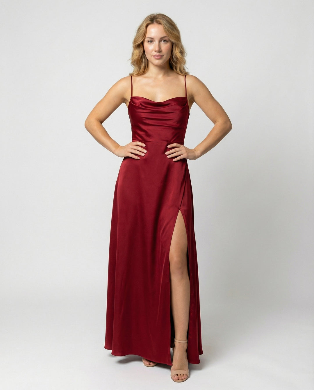 Solara | Women's Elegant Cowl Neck Evening Maxi Dress — Red