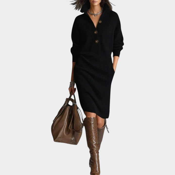 Solria | Women's Elegant Sweater Dress Knit Classic Collar — Black