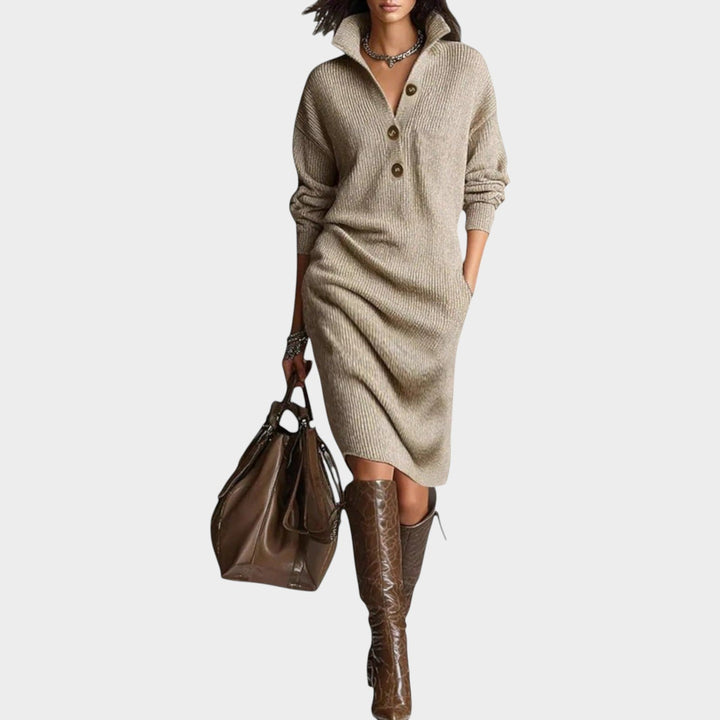 Solria | Women's Elegant Sweater Dress Knit Classic Collar — Khaki
