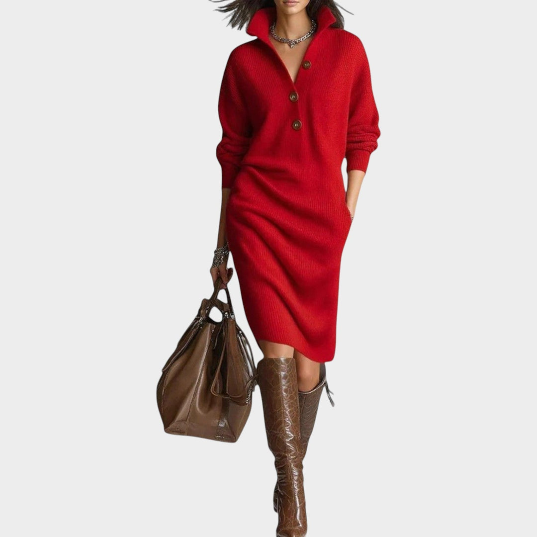 Solria | Women's Elegant Sweater Dress Knit Classic Collar — Red