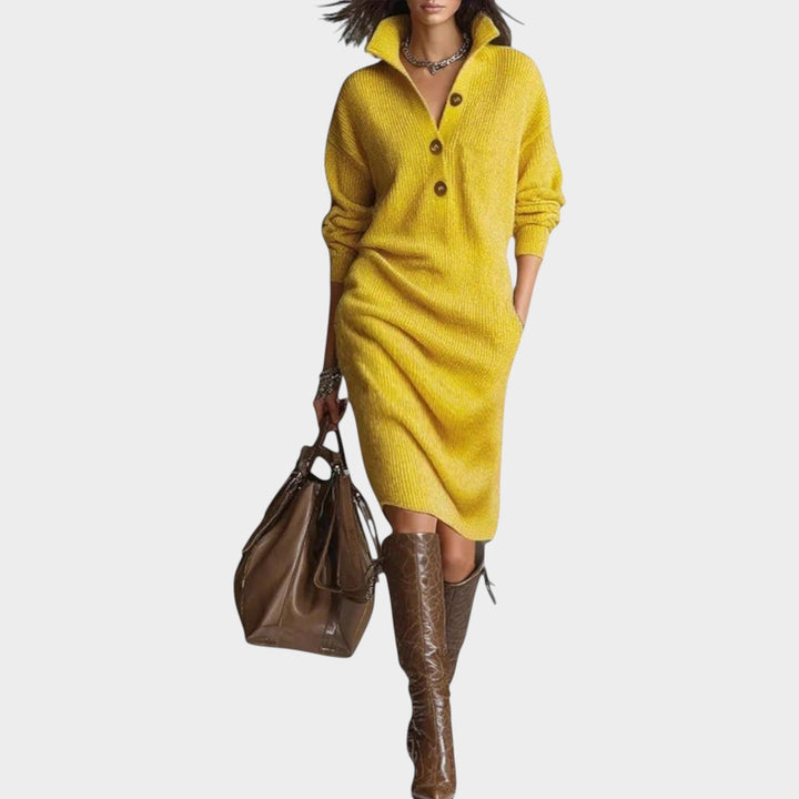 Solria | Women's Elegant Sweater Dress Knit Classic Collar — Yellow