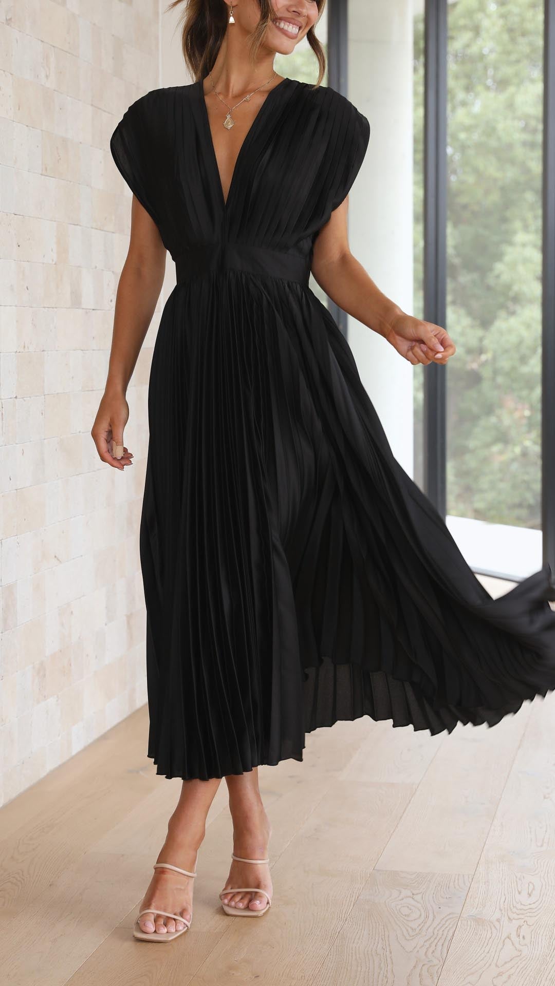 Talia | Women's Wedding Guest Elegant Pleated Dresses — Black