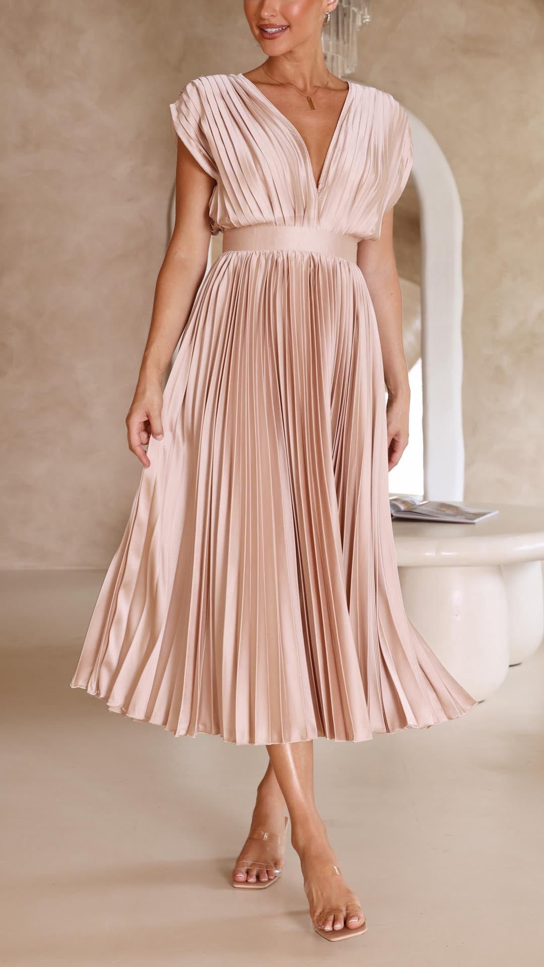 Talia | Women's Wedding Guest Elegant Pleated Dresses — Champagne